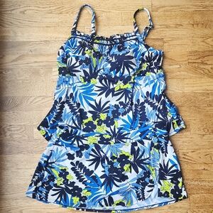 (16) Bottom (20W) Top Floral Blue and Green Women's Swim Tankini Vacation Beach